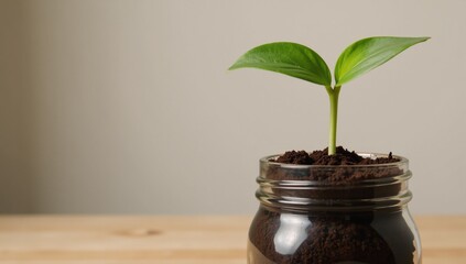 A sprouting plant emerges from rich soil in a jar signifying growth and natural sustainability