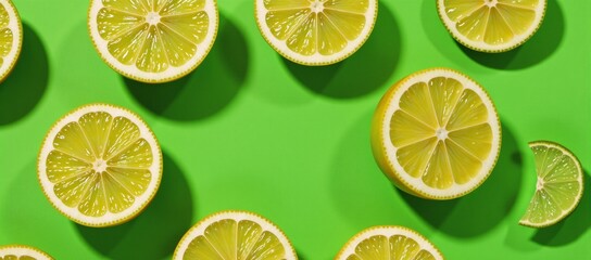 Fototapeta premium Vivid lime halves pop against green backdrop perfect for refreshing summer drinksvegan recipes with a tropical twist