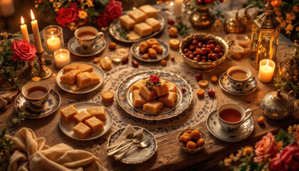 A Luxurious Evening Feast: Golden Hour Sweets and Tea