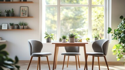Bright and airy co-working space with Scandinavian style furniture and plants near a large window