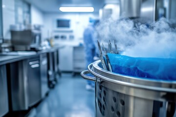 Kitchen setting with culinary equipment emitting steam during food preparation process at a busy restaurant