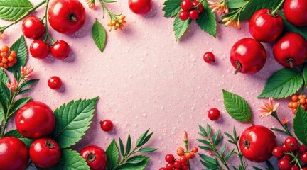 Vibrant Red Berries and Lush Green Foliage Arranged in a Delightful Frame on a Soft Pink Background