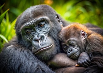 Obraz premium Sleeping Gorilla Baby Clinging to Mother - Authentic Wildlife Documentary Photo