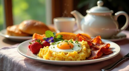 Delightful Sunny Morning Breakfast Plate Featuring Fried Egg, Scrambled Eggs, Crispy Bacon, Fresh Berries, and Citrus