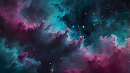 Obraz premium A rich indigo backdrop with ethereal clouds of magenta and teal, softly blending together and dotted with shimmering stars.
