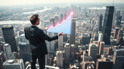 Fototapeta premium A businessman stands on a rooftop overlooking a city, gesturing towards a rising graph, symbolizing growth and success in a corporate environment.