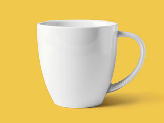 White ceramic mug mockup on yellow background with soft shadow