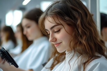 Young woman smiling while preparing for a haircut in a modern salon with other clients
