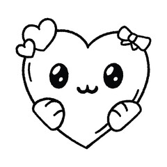 Love Valentine Days Heart Kawaii, Art Vector, hand drawn, hand drawing, vector, emoticon, icon, coloring, illustration