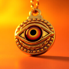 Mystic gold  glass enamel nazar amulet, evil eye protection isolated on orange background
