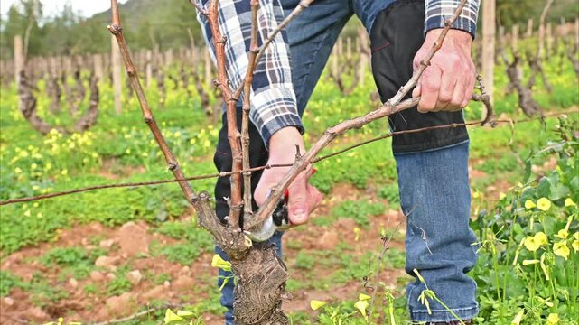 Close-up of the hands of the winemaker pruning the vineyard with professional steel scissors. Traditional agriculture. Winter pruning, Guyot method. Footage.