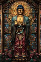 Obraz premium Serene Buddha statue in ornate, stained-glass setting.