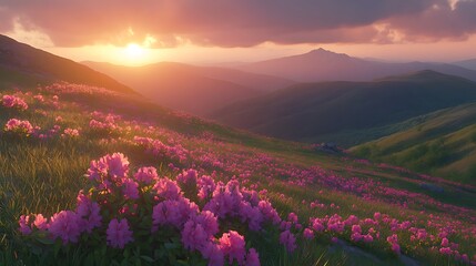 Serene Sunset Over Mountain Landscape with Wildflowers