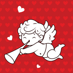 red background romantic baby boy angel with heart contemporary pop art icon vector flat illustration. Cupid cute heaven winged cartoon character love amour Valentine's 