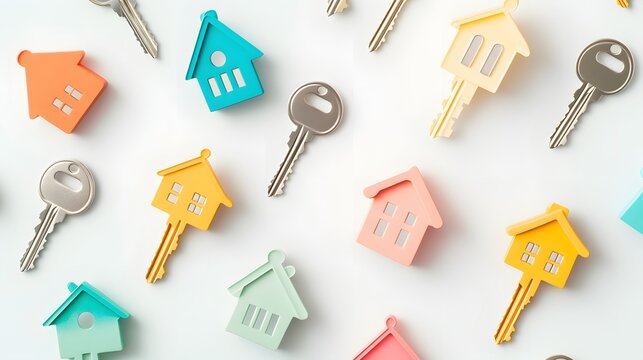 Colorful house keychains and keys on white background.
