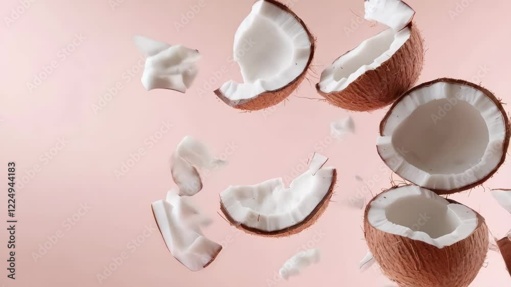 Poster Several pieces of fresh coconut are levitating on a vibrant pink background, creating a dynamic and visually appealing scene with copy space