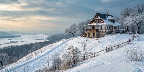 Snowy Hilltop Monastery: Winter Landscape Photography of Old House in Kyiv, Ukraine