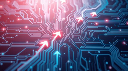 A close-up view of a digital circuit board with glowing arrows, symbolizing data flow and technological progress.