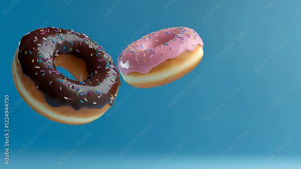 Poster two iced donuts with sprinkles, one pink and one chocolate, are levitating on a light blue backgroun