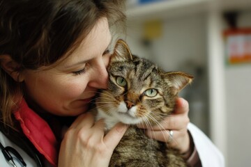 Veterinarian caring for a rescued cat in a clinic during a routine check-up and showing affection