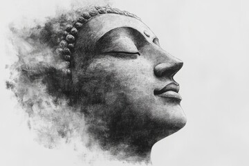 Serene Buddha head, charcoal sketch, peaceful expression.