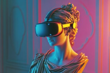 Virtual reality headset enhances classical sculpture in modern art installation at a contemporary...