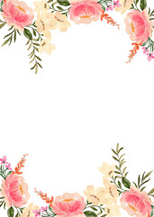 Watercolor flowers background for design. Floral border frame card template.