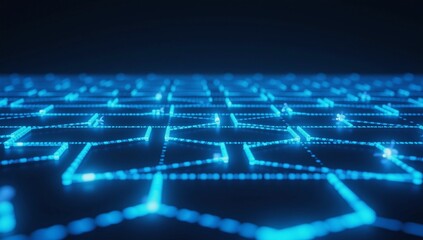 Obraz premium Glowing blue digital landscape with cubic particles represents cryptocurrency and digital tech concepts through rendering