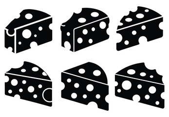 Cheese Vector Glyph Icon Silhouette Symbol Illustration collection on white background. Dairy Product, Icon Of Cheese Slice On White Background.