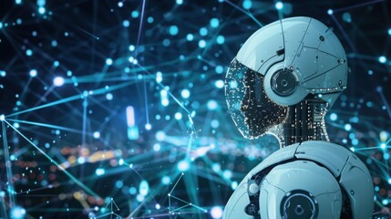 Fototapeta premium Futuristic AI Robot with Glowing Network and Technology Background