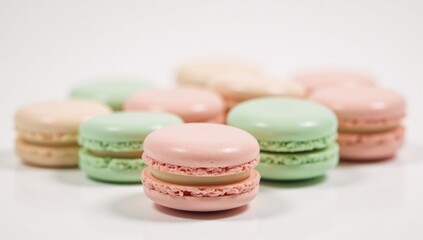 Fototapeta premium Pastel Macarons delight Airy pastries in soft pink and green perfect for dessert themes or sweet cakes