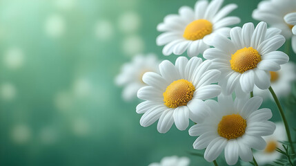 Fototapeta premium Closeup of White Daisies with Yellow Centers Against a Soft Green Background