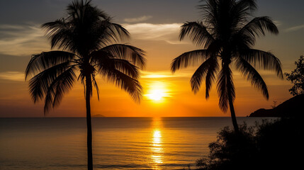 Fototapeta na wymiar Tropical Sunset Silhouette Palm Trees Ocean Beach Golden Hour Sky Sea View Warm Water Image Summer 