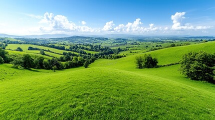 Obraz premium Rolling green hills and lush meadows stretch across a scenic rural valley under a bright blue sky.