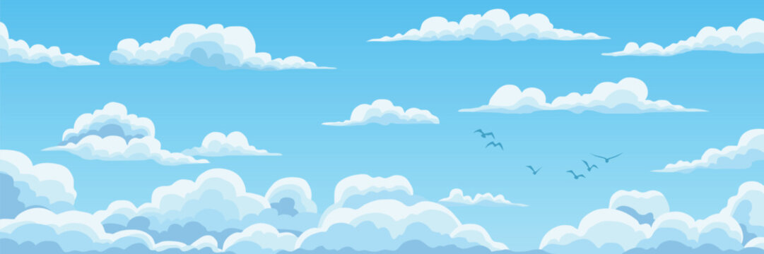 Vector drawing of sky with white clouds, bird flock, cartoon illustration, natural background
