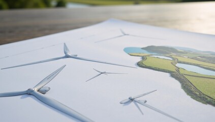 Wind Farm Blueprint Design Showcases Sketched Turbines and Surrounding Landscape Emphasizing Sustainable Energy