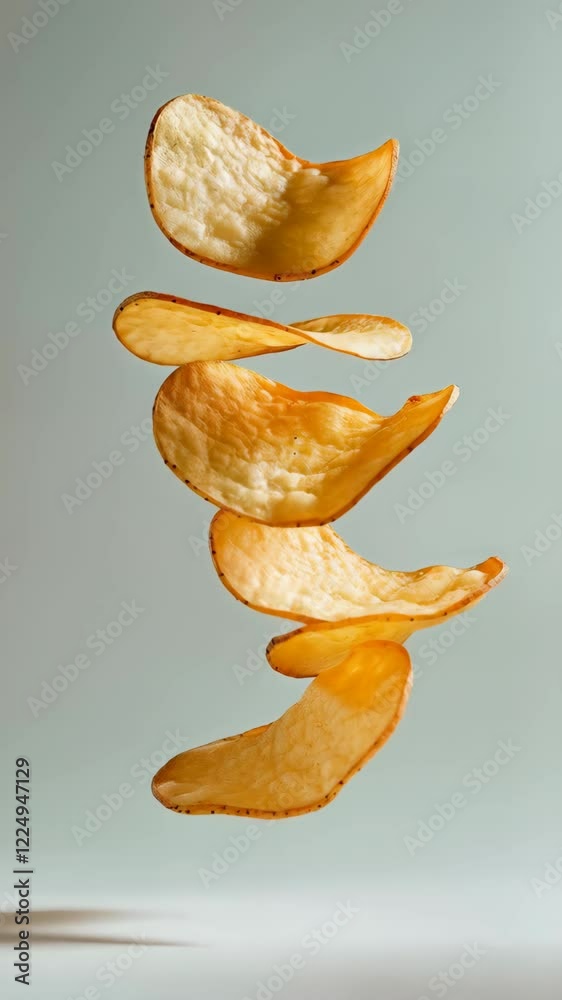 Poster Six crispy potato chips are levitating against a minimalist light grey background, creating a visually appealing and dynamic composition that emphasizes the texture and form of the chips