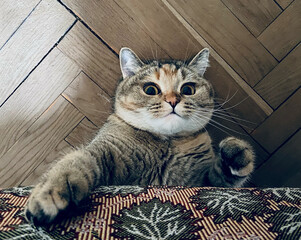 Funny cat lying on the floor in the room. British chinchilla cat face. Cats and pet, pets. Domestic Cat lying and plays, in the room of apartment.