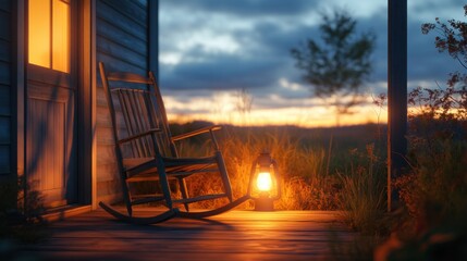 Relaxing evening on a porch with rocking chair and lantern countryside photography tranquil setting warm ambiance
