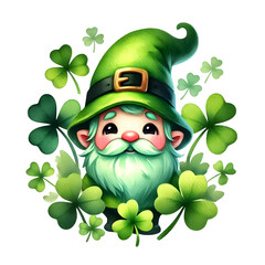 Naklejka premium Cute Gnome with a green hat and beard in a clover field.