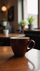 Fototapeta premium Brown coffee cup sitting on a caf table