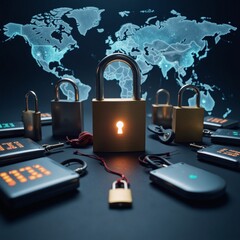 Worldwide cyber security safeguarding digital information with shields and locks