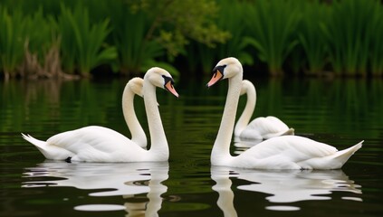 Obraz premium Three elegant swans float tranquilly on shimmering waters beautifully captured with an artistic flourish