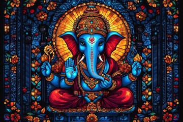 Obraz premium Vibrant stained-glass depiction of Ganesha, Hindu deity.