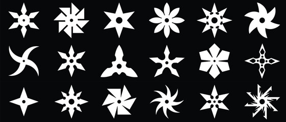 Set of ninja shuriken stars icons, Ninja Throwing Star Silhouettes. set of ninja weapon White vector silhouettes isolated on black background