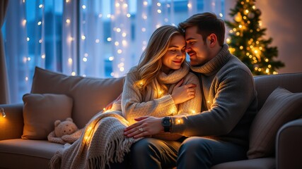 Fototapeta premium A cozy couple embraces on a sofa, adorned with fairy lights, surrounded by a festive atmosphere, perfect for winter romance.