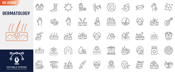 Dermatology line editable icon set. Containing icons: skin allergy, Atopic, itchy, Dry skin, Rash, Epidermis. cosmetology and more. Vector illustration