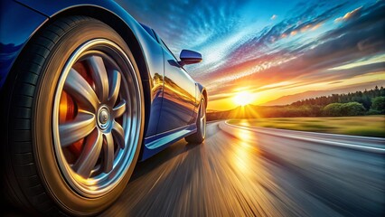Speeding Sports Car Wheel Close-Up: Aerial Highway View - High-Resolution Stock Photo