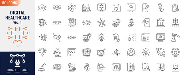 Digital healthcare line icon set. Editable stroke. Containing  Tech, virtual, computing, online, medicine icons. Vector illustration