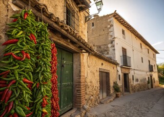 Spicy Padron Peppers Drying in the Sun, Rustic Spanish Architecture Background